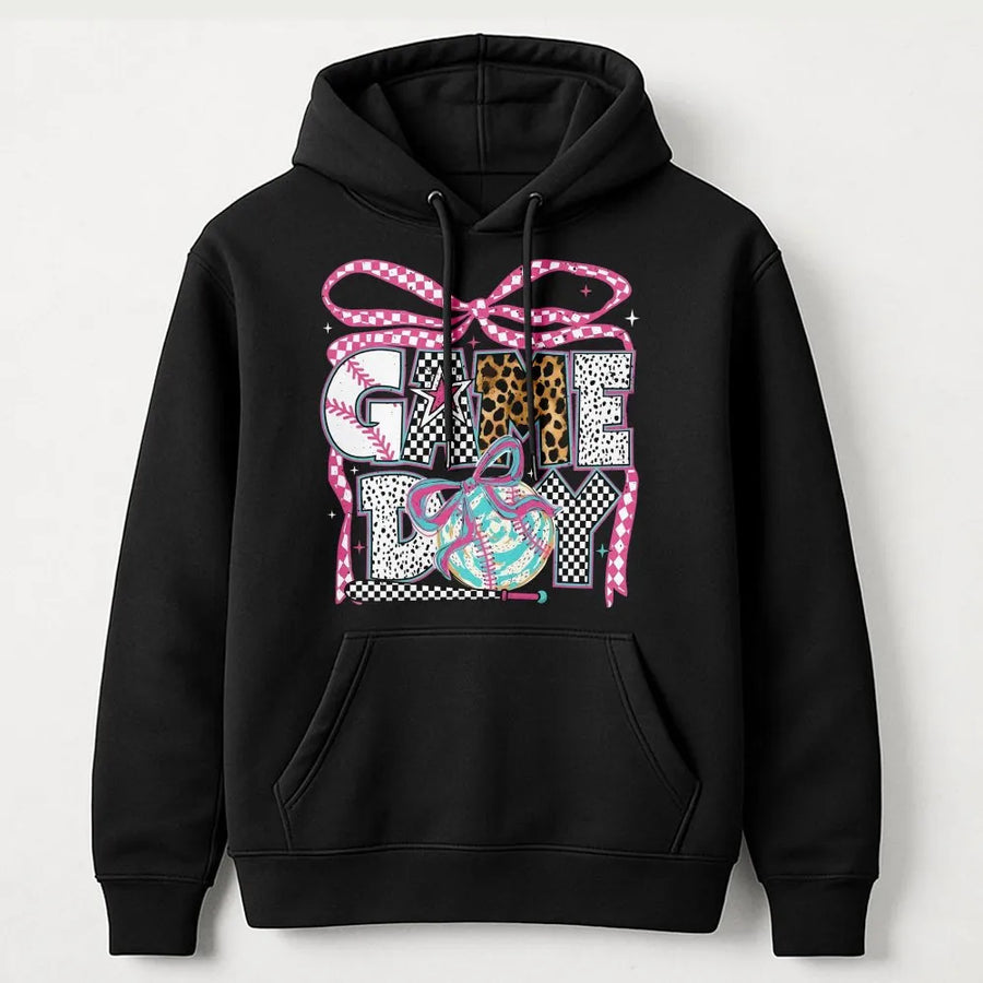 Game Day Baseball Hoodie | Coquette Bow and Leopard Print Graphic | Premium Cotton-Blend | Trendy Gift for Baseball Moms and Sports Fans