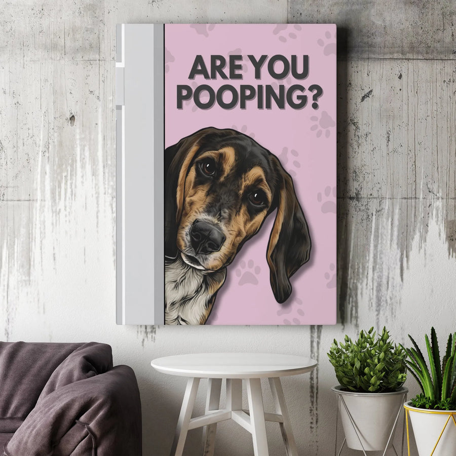 Are You Pooping? Peeking Dog Wall Art | Funny Hound Bathroom Decor | Premium Fade-Resistant Canvas | Humorous Gift for Dog Lovers