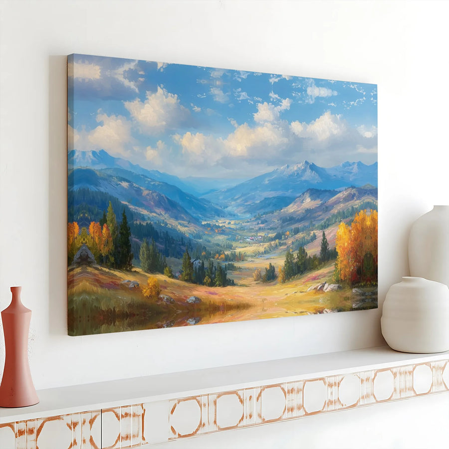 Mountain Valley Canvas Wall Art | Impressionist Autumn Landscape Print | Premium 1.25-Inch Gallery Wrap | Nature Decor for Living Room Gift