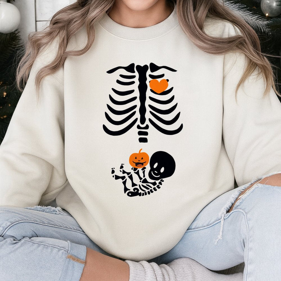 Halloween Pregnancy Sweatshirt | Skeleton Baby Bump Pumpkin Design | Soft Cotton Blend | Funny Expectant Mom Gift For Fall