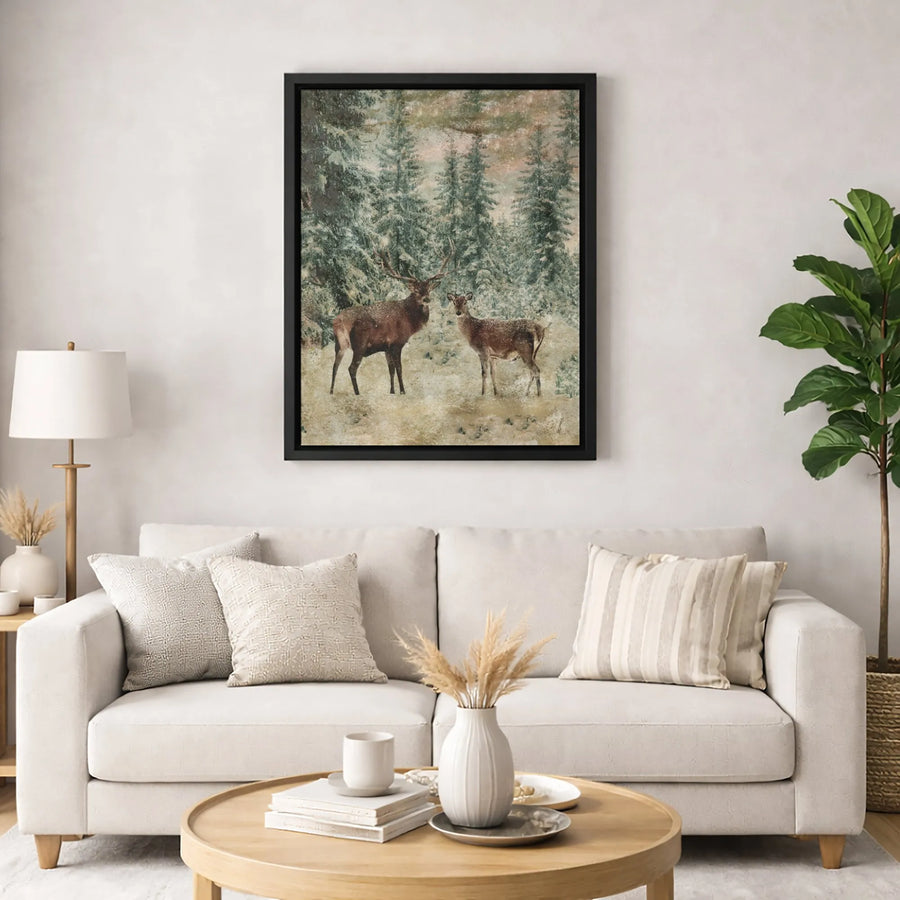 Winter Deer Wall Art | Snowy Pine Forest Buck and Doe Canvas | Premium Gallery Wrapped Print | Rustic Holiday Home Decor Gift