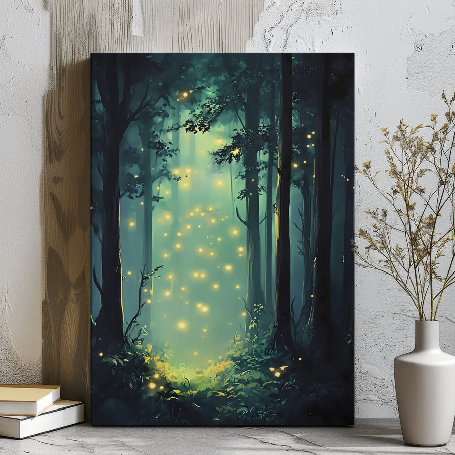 Enchanted Forest Wall Art | Magical Firefly Glowing Woods Canvas Print | Premium Gallery Wrap Decor | Nature Lover Gift