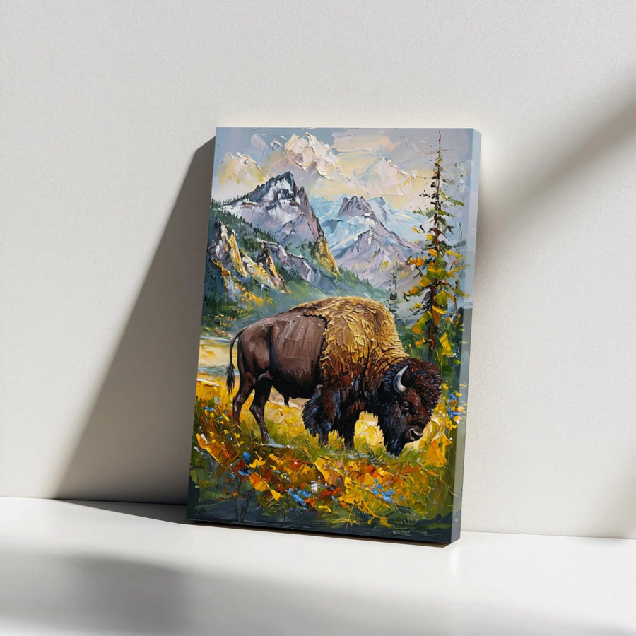Bison Mountain Canvas Wall Art | Textured Impasto Style Wildlife Painting | Premium Gallery Wrapped Canvas | Rustic Western Home Decor Gift for Nature Lover