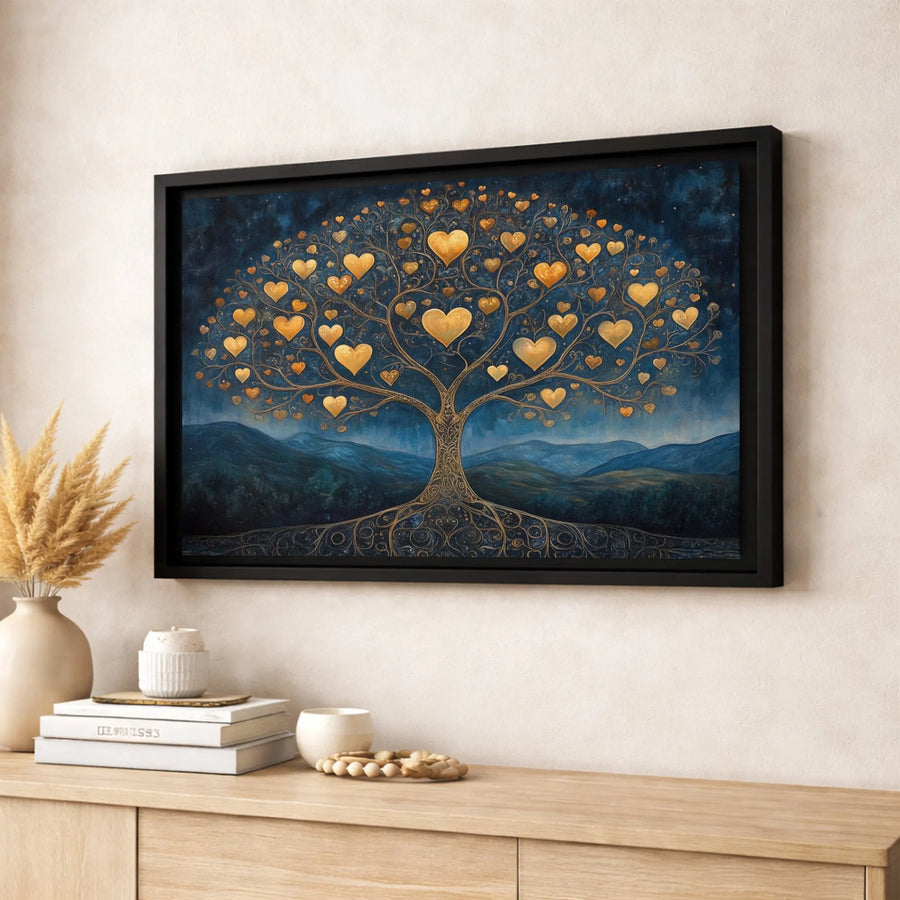 Tree Of Life Canvas Wall Art | Golden Heart Branches Illustration | Premium Gallery Wrapped Print | Romantic Living Room Decor & Housewarming Gift