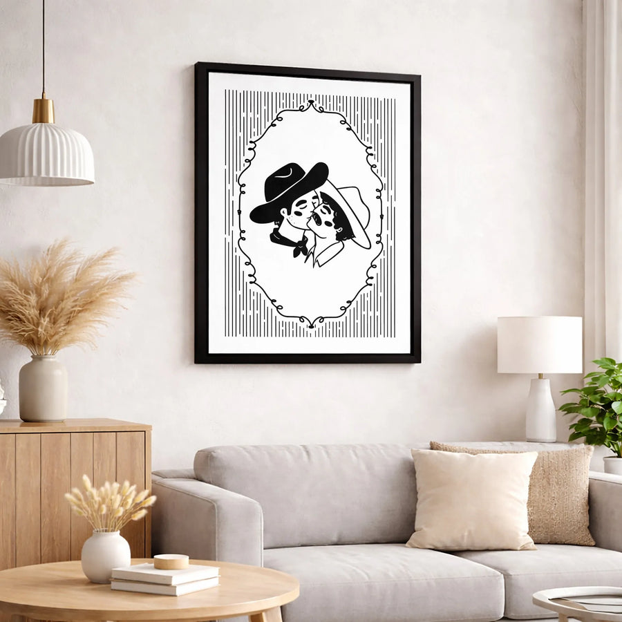 Kissing Cowboy Wall Art | Minimalist Western Romance Illustration | Premium Gallery Wrapped Canvas | Gift for Couples & Ranch Decor Lovers
