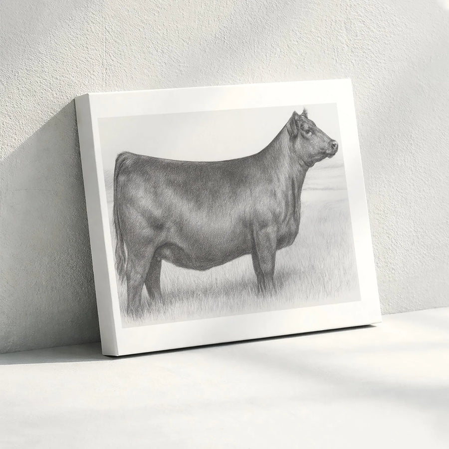 Angus Cow Wall Art | Realistic Pencil Drawing Farmhouse Decor | Premium Gallery-Wrapped Canvas | Rustic Country Home Gift