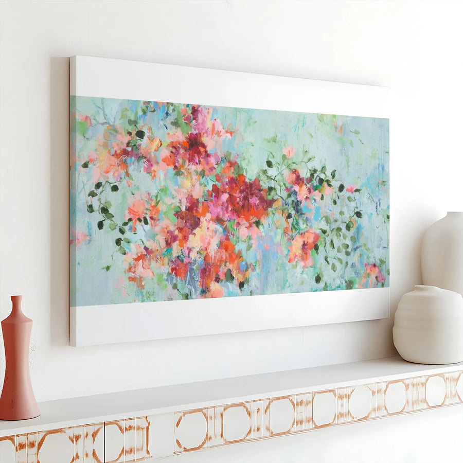 Abstract Floral Canvas Wall Art | Crimson and Teal Flower Painting | Premium Gallery-Quality Print | Modern Home and Office Decor