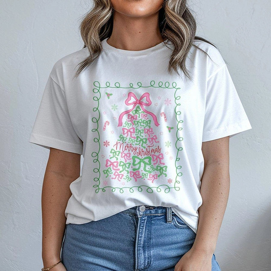 Coquette Christmas Tree T-Shirt | Pink Bow Holiday Graphic Tee | Premium Cotton Soft Crewneck | Festive Aesthetic Gift for Women
