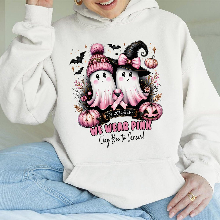 In October We Wear Pink Hoodie | Ghost Pumpkin Halloween Breast Cancer Awareness Design | Soft Cotton-Polyester Blend | Gift For Cancer Fighters Survivors