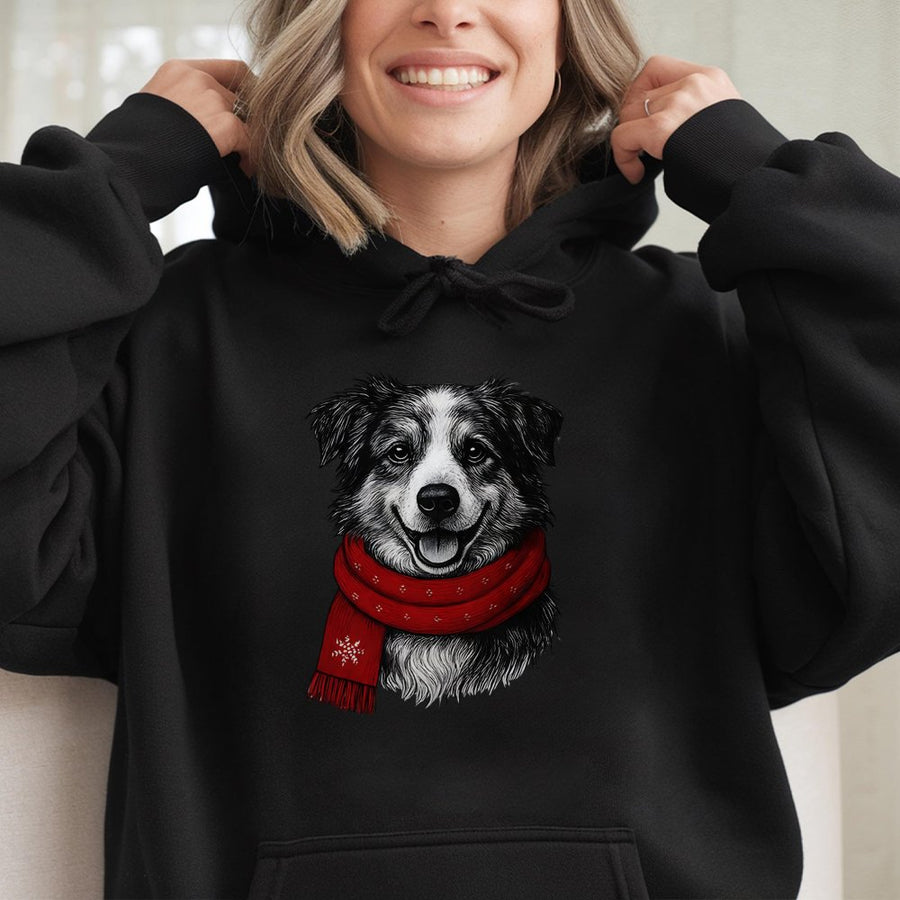 Christmas Dog Hoodie | Cute Puppy Wearing Red Winter Scarf | Premium Cotton Blend Pullover | Festive Holiday Gift for Dog Lovers