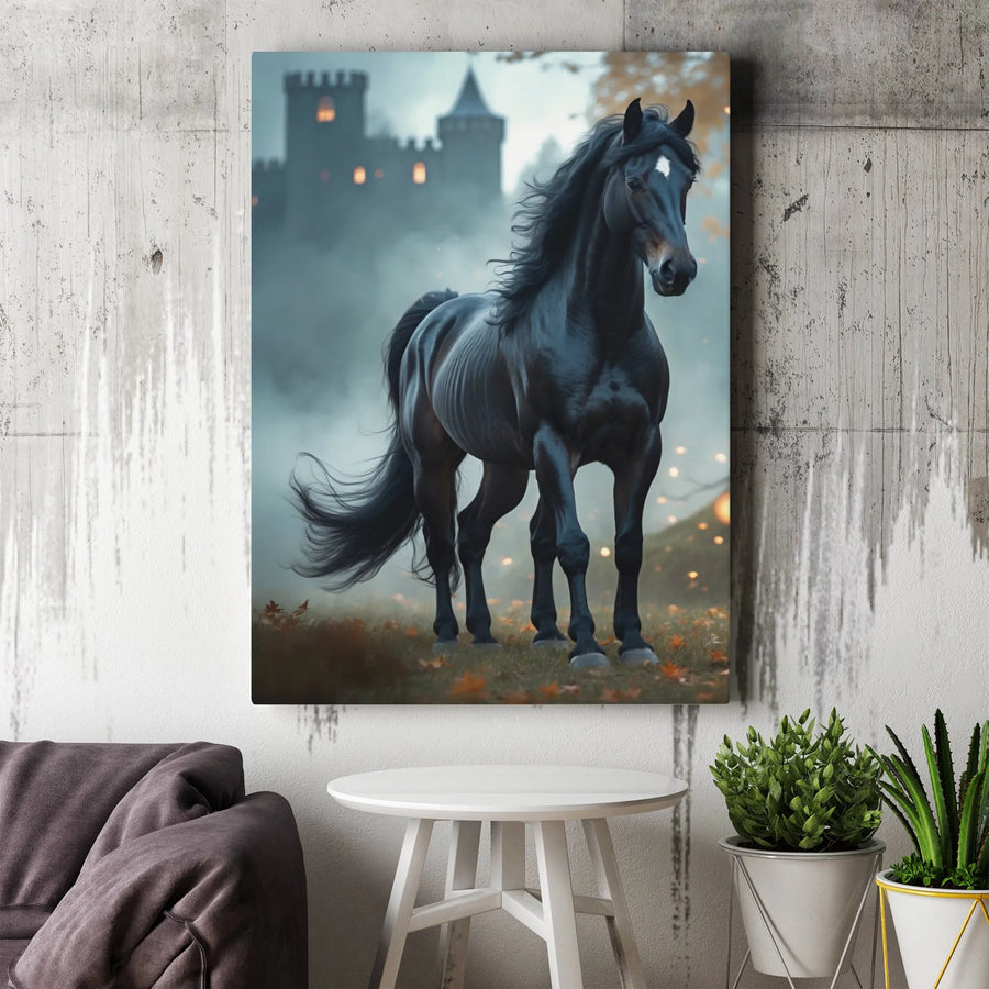 Black Horse Canvas Wall Art | Misty Gothic Castle Fantasy Print | Premium 1.25 Inch Gallery Wrap | Equestrian Decor Gift for Horse Lovers