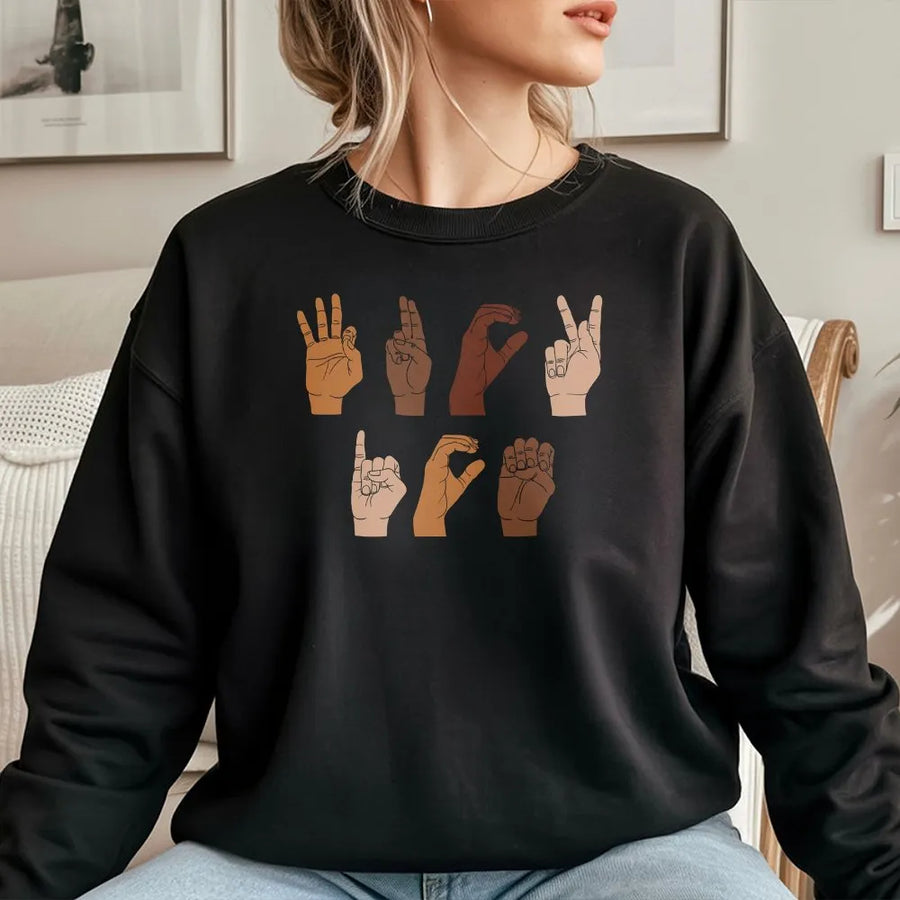 Sign Language Protest Sweatshirt | Hand Signs Message Graphic | Premium Cotton Blend | Unisex Activism Gift for Social Justice