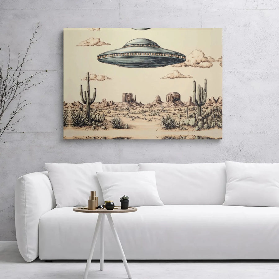UFO Canvas Wall Art | Vintage Desert Landscape Sketch | 1.25 Inch Gallery Wrap | Sci-Fi Home Decor Gift for Space Enthusiasts