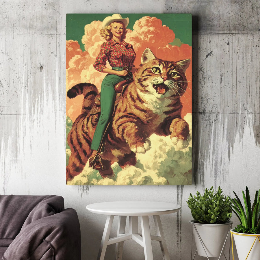 Vintage Pin-Up Cowgirl Canvas Art | Giant Tabby Cat Riding Whimsical Western Wall Decor | 1.25" Gallery Wrap Premium Print | Unique Gift for Cat Lovers