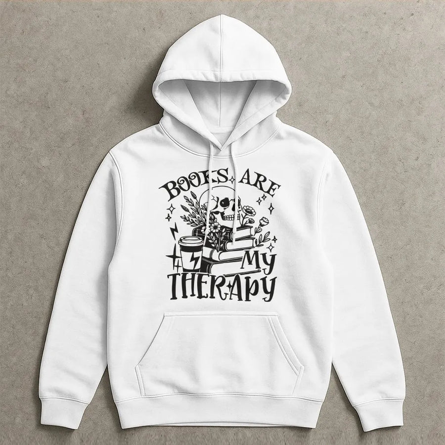 Books Are My Therapy Hoodie | Dark Academia Skull Bookworm Sweatshirt | Premium Cotton Blend | Gift for Readers, Librarians, and Book Lovers
