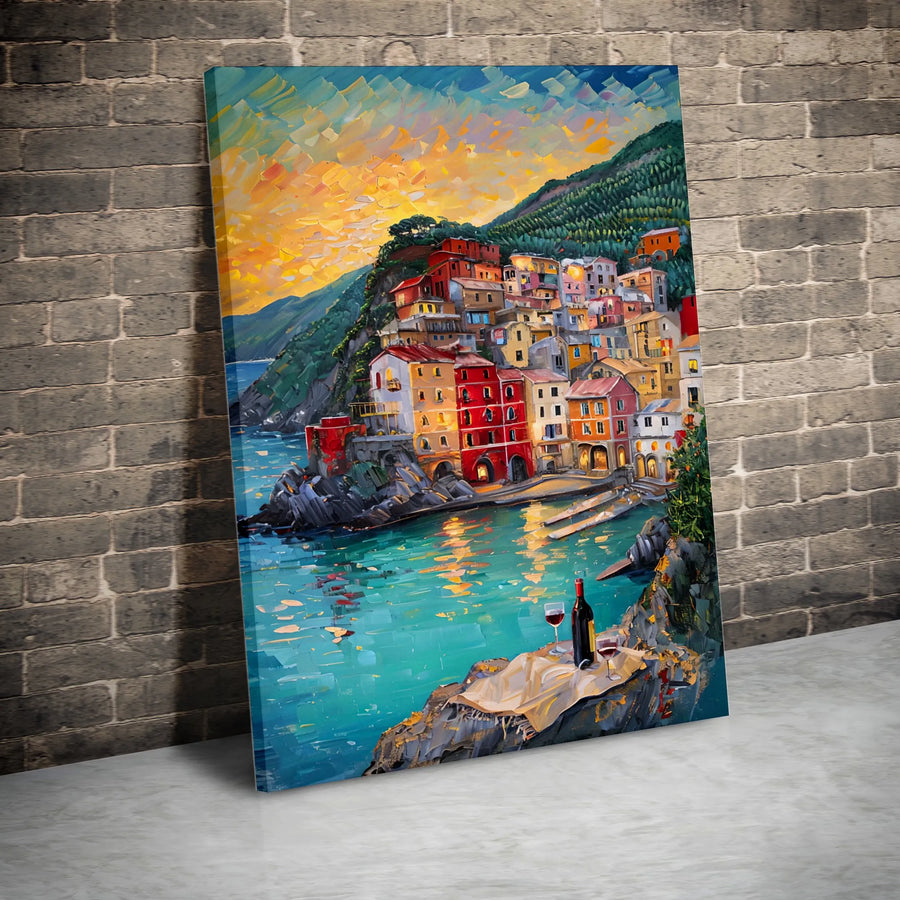 Italian Coastal Village Canvas Print | Mediterranean Seascape Oil Painting Style | Premium 1.25" Gallery Wrap | Travel Gift Wall Decor