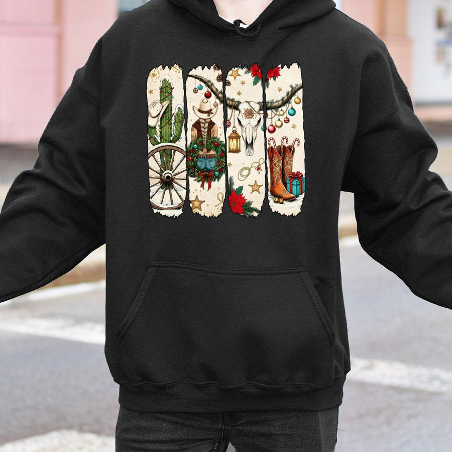 Western Christmas Hoodie | Cowgirl Holiday Graphic Design | Soft Cotton Blend Unisex Pullover | Festive Cowboy Boots Xmas Gift for Women