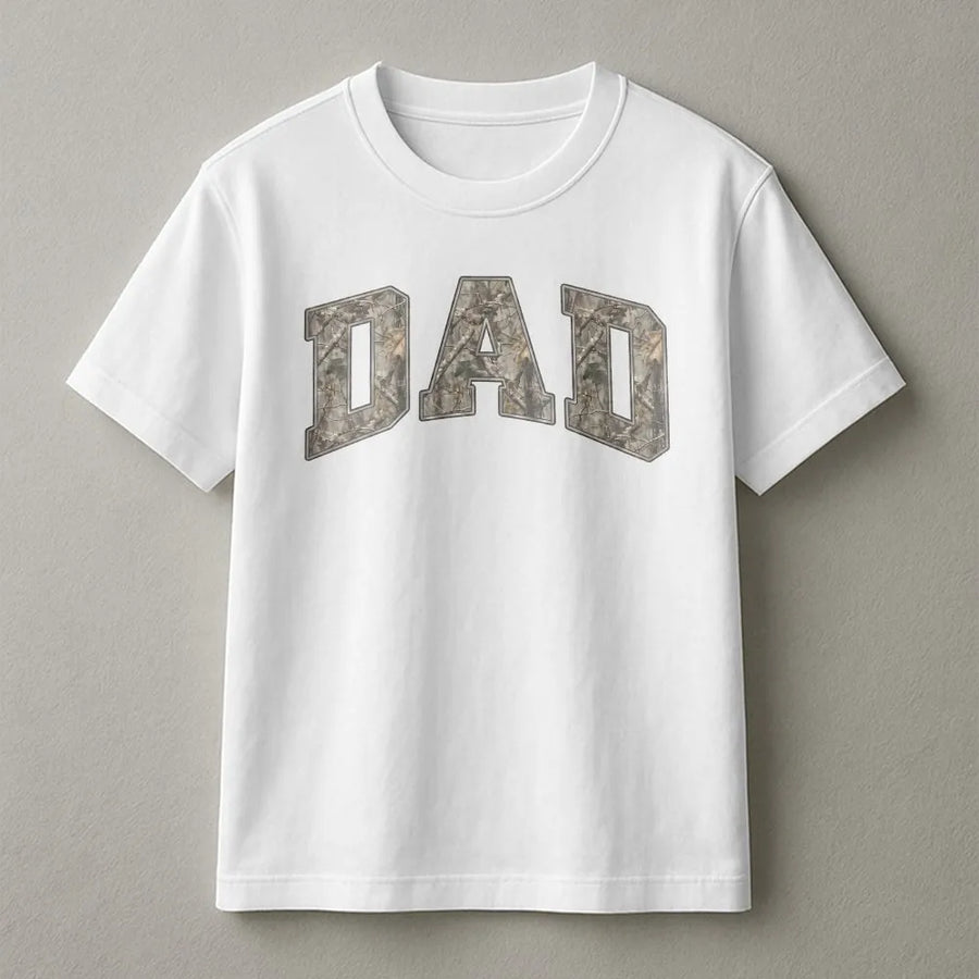Camo Dad T-Shirt | College Style Camouflage Print | Premium Cotton Blend Pullover | Gift for New Father, Hunter Dad, Outdoorsman