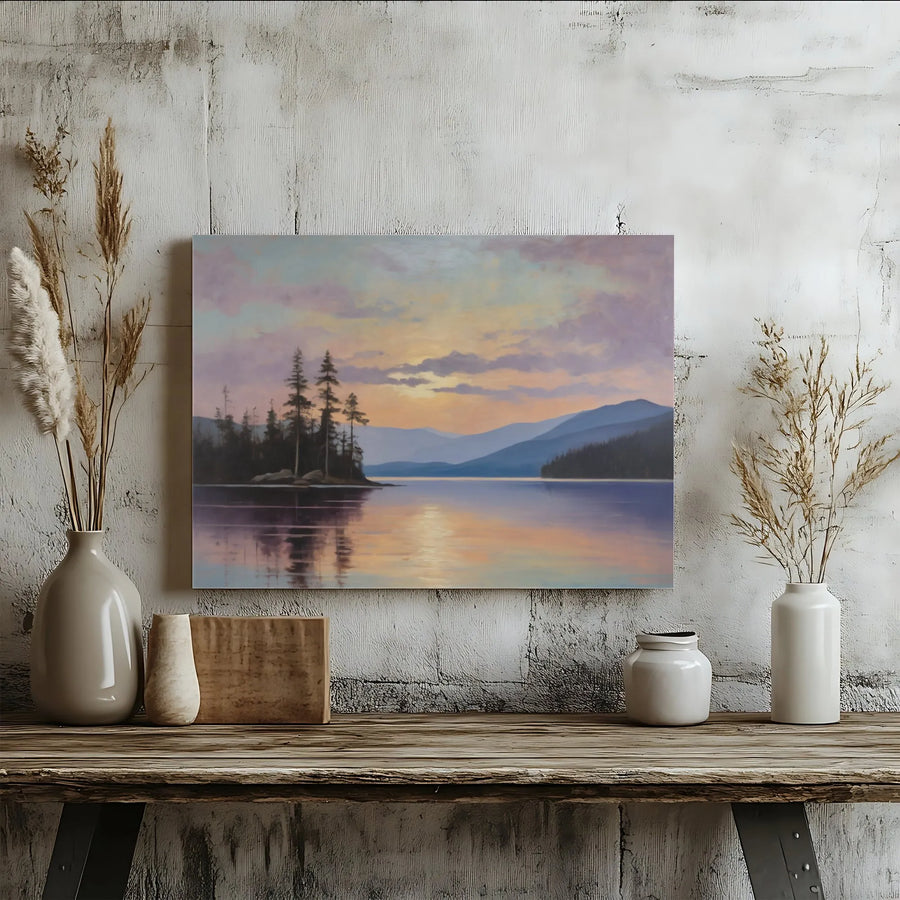 Serene Mountain Lake Canvas Art | Sunset Pine Forest Landscape Painting | Premium Gallery-Wrapped Print | Calming Nature Wall Decor for Home