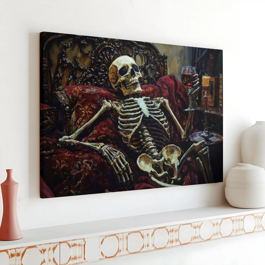 Gothic Skeleton Wall Art | Reclining Skeleton Drinking Red Wine Canvas | Premium Gallery Wrapped Decor | Moody Dark Academia Home Gift
