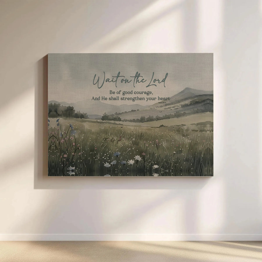 Christian Wall Art Canvas | Psalm 27:14 Watercolor Wildflower Art | Premium Canvas Print | Inspirational Christian Home Decor Gift