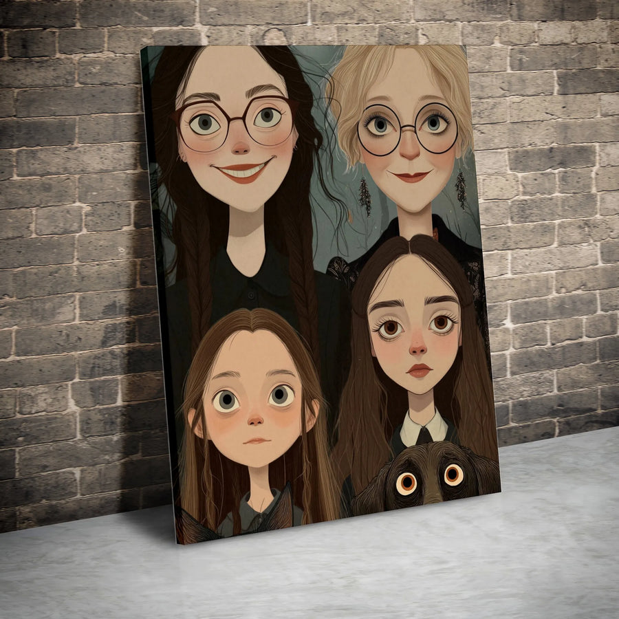 Whimsical Family Portrait Canvas | Quirky Gothic Cartoon Art with Pet Dog | Premium Gallery Wrap Canvas | Unique Living Room Wall Decor Gift