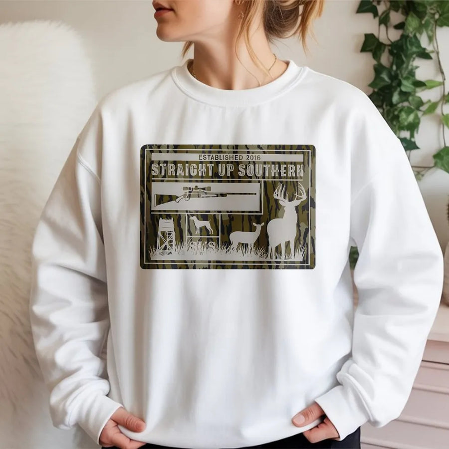 Deer Hunting Sweatshirt | Straight Up Southern Camo Graphic | Soft Cotton Blend | Outdoorsman Gift for Hunter