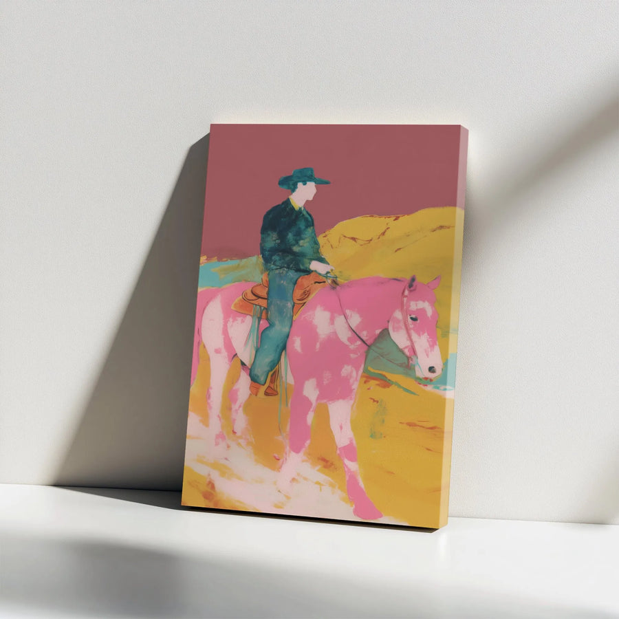 Abstract Cowboy Vertical Canvas | Pop Art Pink Horse Painting | Premium Gallery Wrapped Canvas | Modern Western Decor Gift for Art Lover