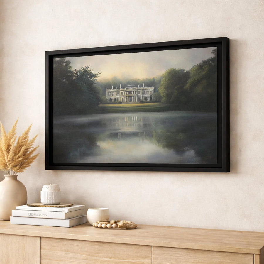 Lakeside Stately Manor Canvas Wall Art | Misty Forest Reflection Oil Painting Style | Premium 1.25" Gallery Wrap | Elegant Home Office Decor Gift