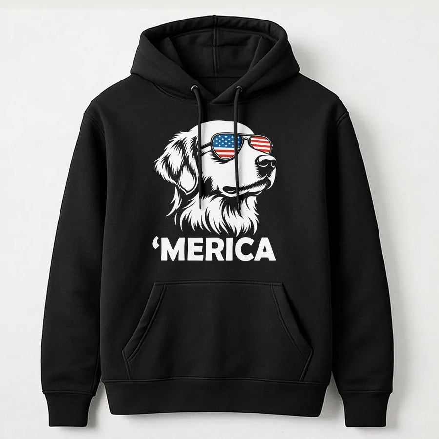 Patriotic Golden Retriever Hoodie | Dog with American Flag Sunglasses | Cozy Cotton Blend | Funny 4th of July Gift for Dog Lovers