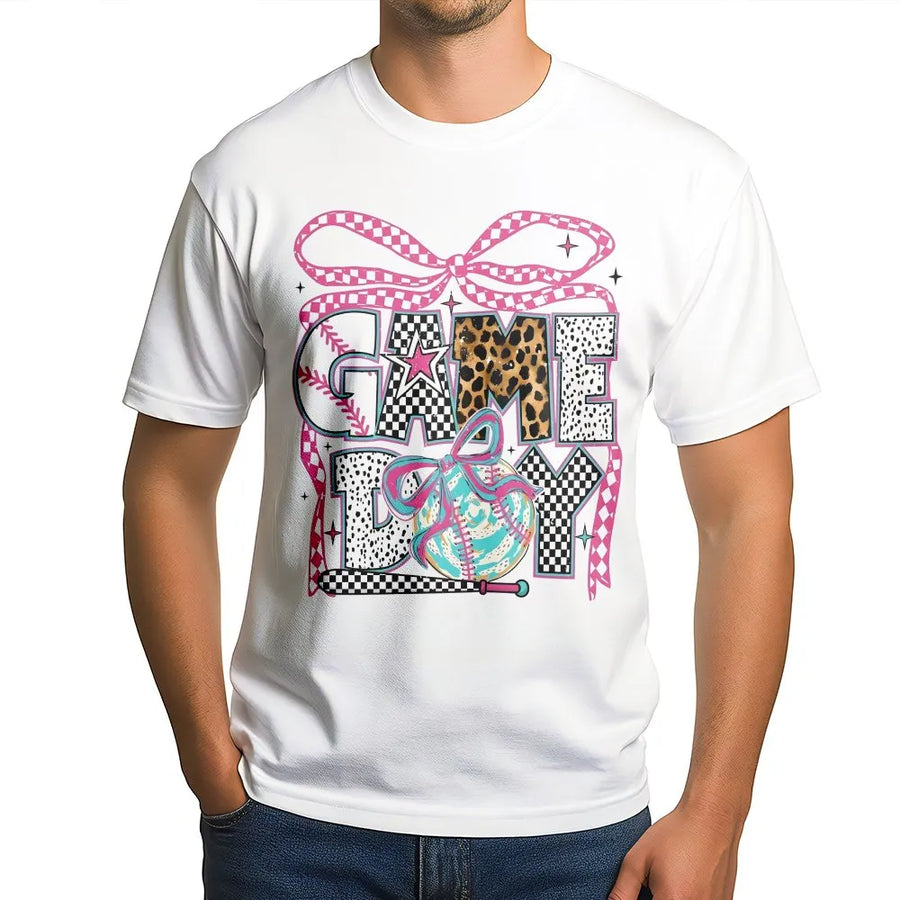 Game Day Baseball T-Shirt | Coquette Aesthetic Leopard Print Bow | Soft 100% Cotton Premium Tee | Trendy Gift for Baseball Mom