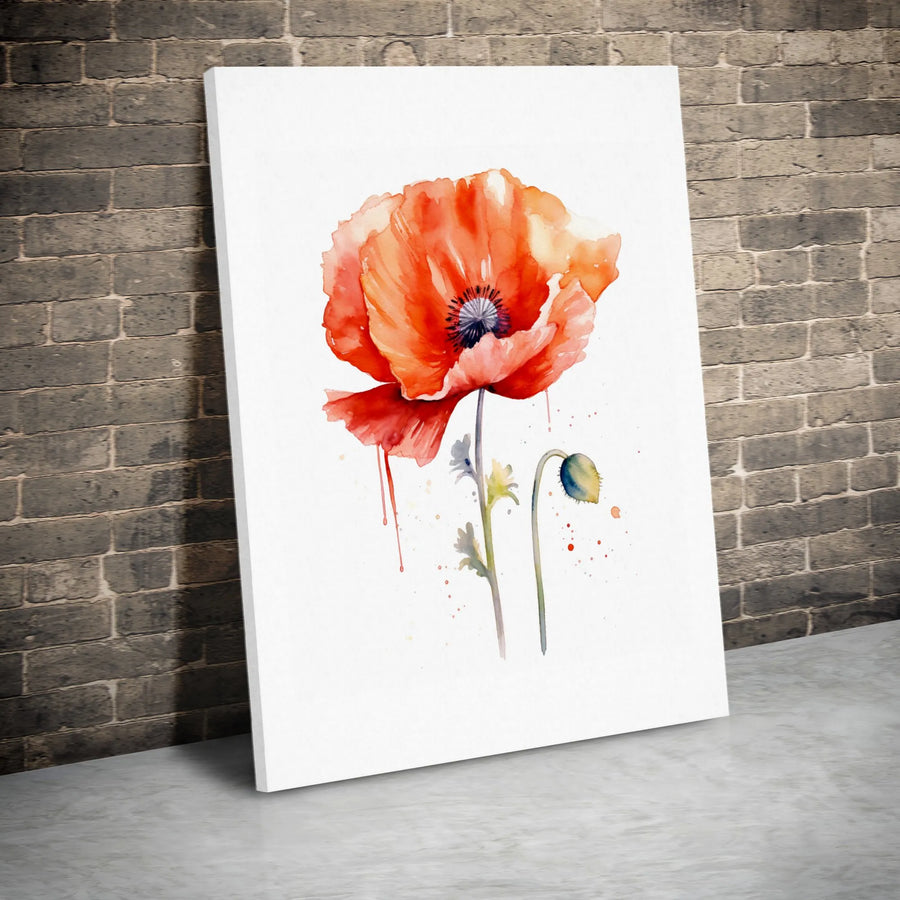 Red Poppy Flower Canvas Wall Art | Watercolor Botanical Print | Premium Gallery Wrapped Decor | Modern Minimalist Floral Gift for Living Room