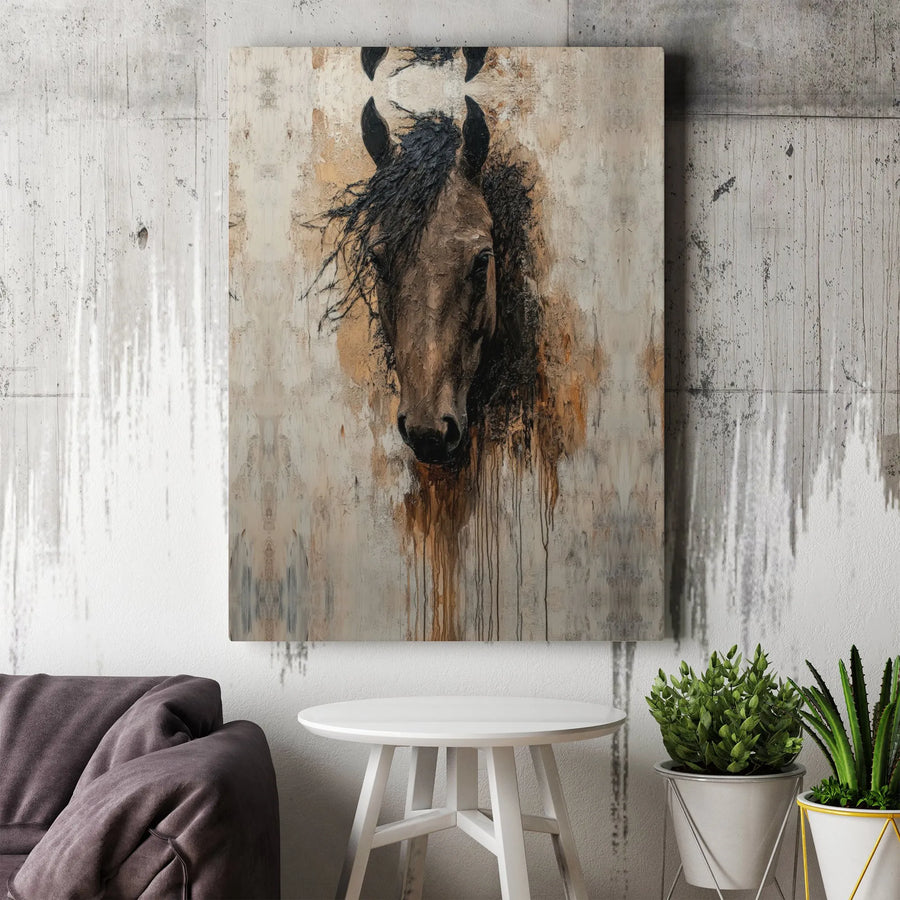 Abstract Horse Wall Art | Rustic Equestrian Oil Painting Print | Premium Gallery Wrap Canvas | Western Home Decor Gift for Horse Lovers