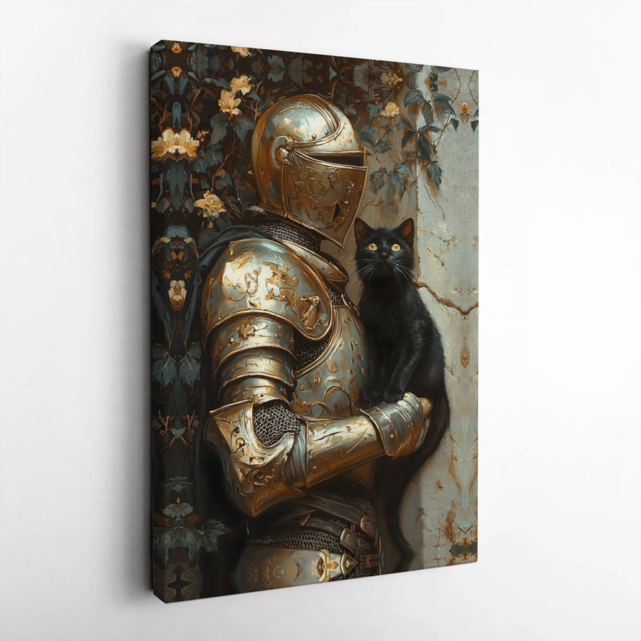 Knight and Black Cat Canvas Art | Golden Armor Fantasy Painting | Premium Gallery Wrapped Decor | Unique Gift for Cat Lovers & History Buffs