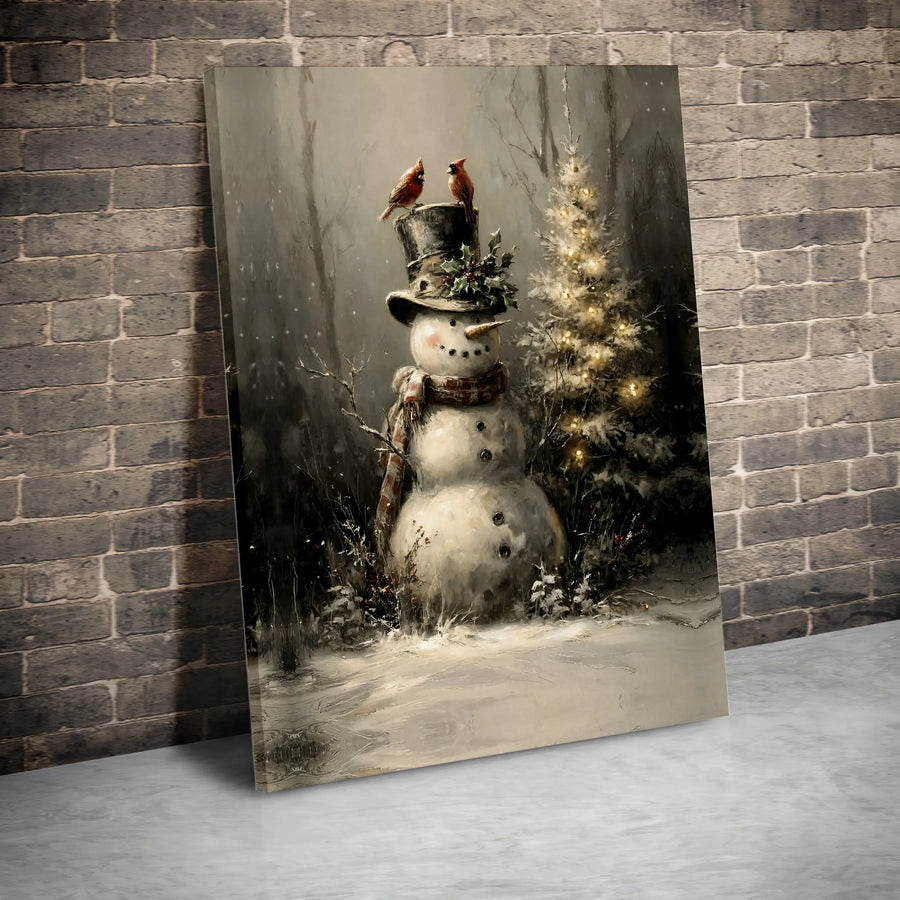 Vintage Snowman Canvas Wall Art | Cardinals on Top Hat Christmas Decor | Premium Gallery-Wrapped Print | Holiday Seasonal Gift for Home