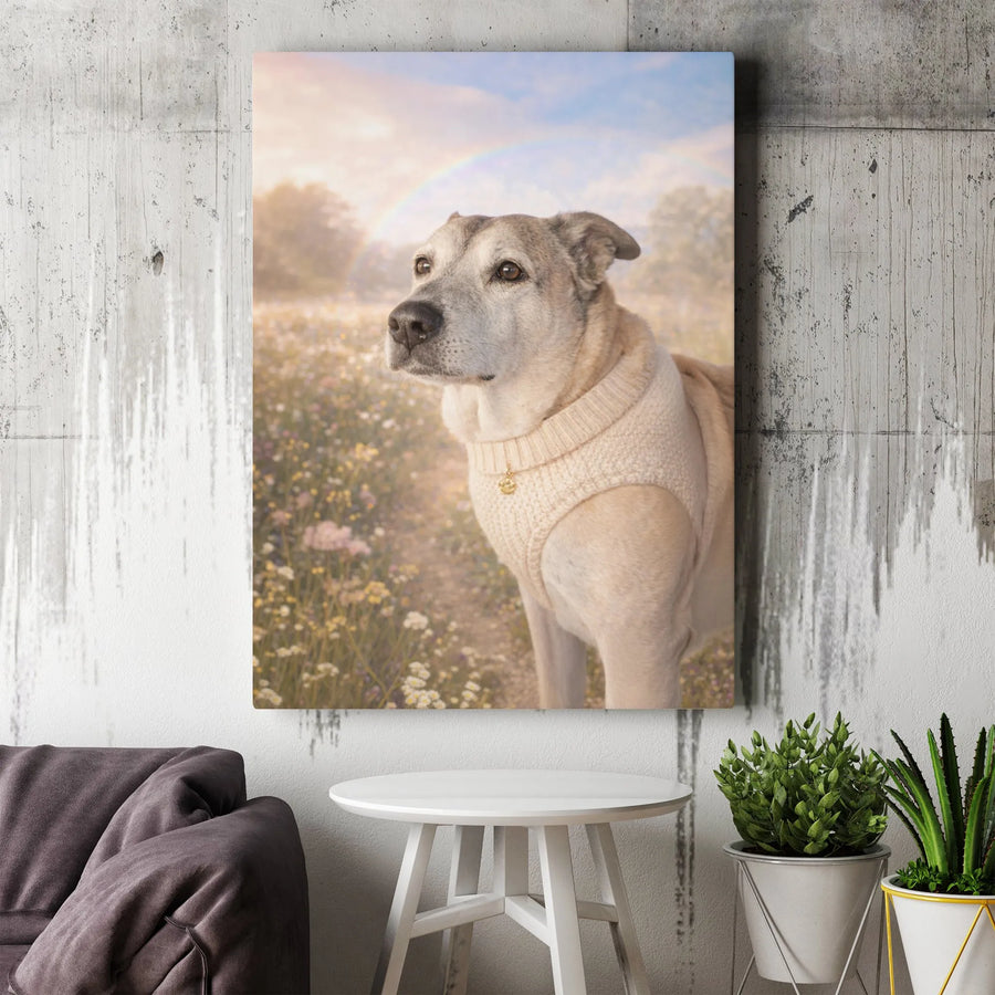 Rainbow Bridge Dog Memorial Canvas | Serene Pet Portrait in Wildflower Field | Premium Gallery Wrapped Canvas | Thoughtful Sympathy Gift for Pet Loss