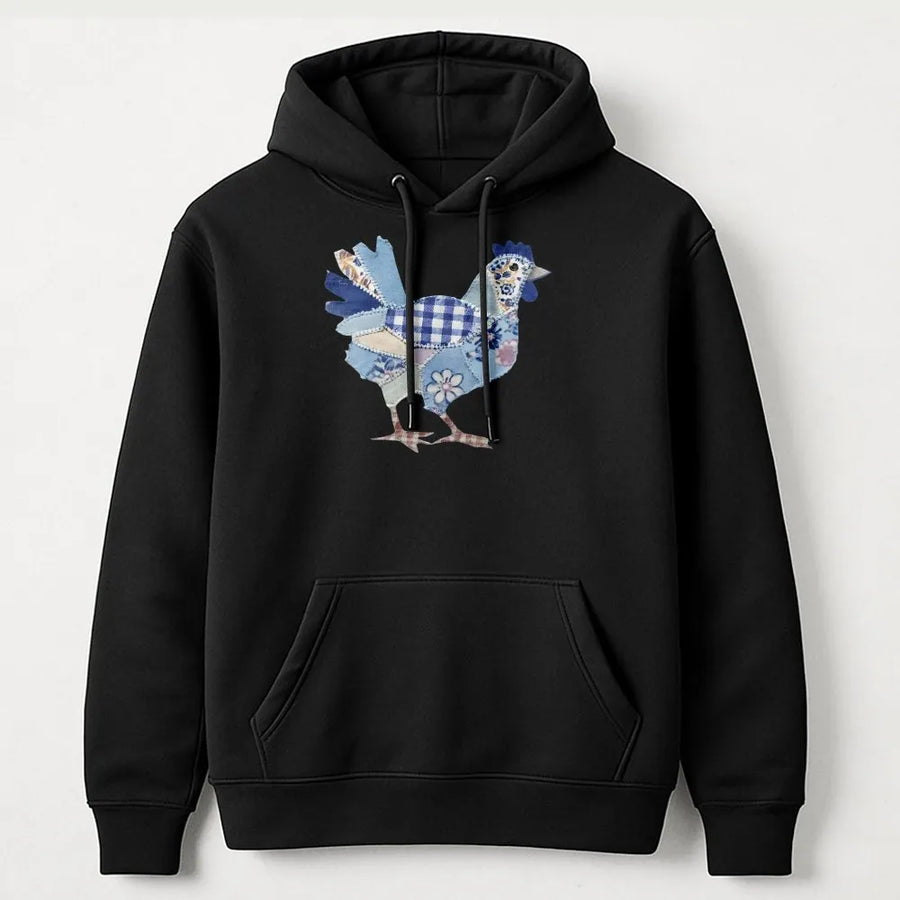 Patchwork Chicken Hoodie | Vintage Farmhouse Graphic Print | Premium Cotton Blend | Cute Easter Gift for Chicken Lover