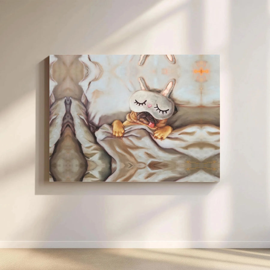 Cute Sleeping Pug Canvas Wall Art | Funny Dog in Bunny Sleep Mask Painting | Premium Gallery Wrapped Canvas | Gift for Dog Lover & Nursery Decor