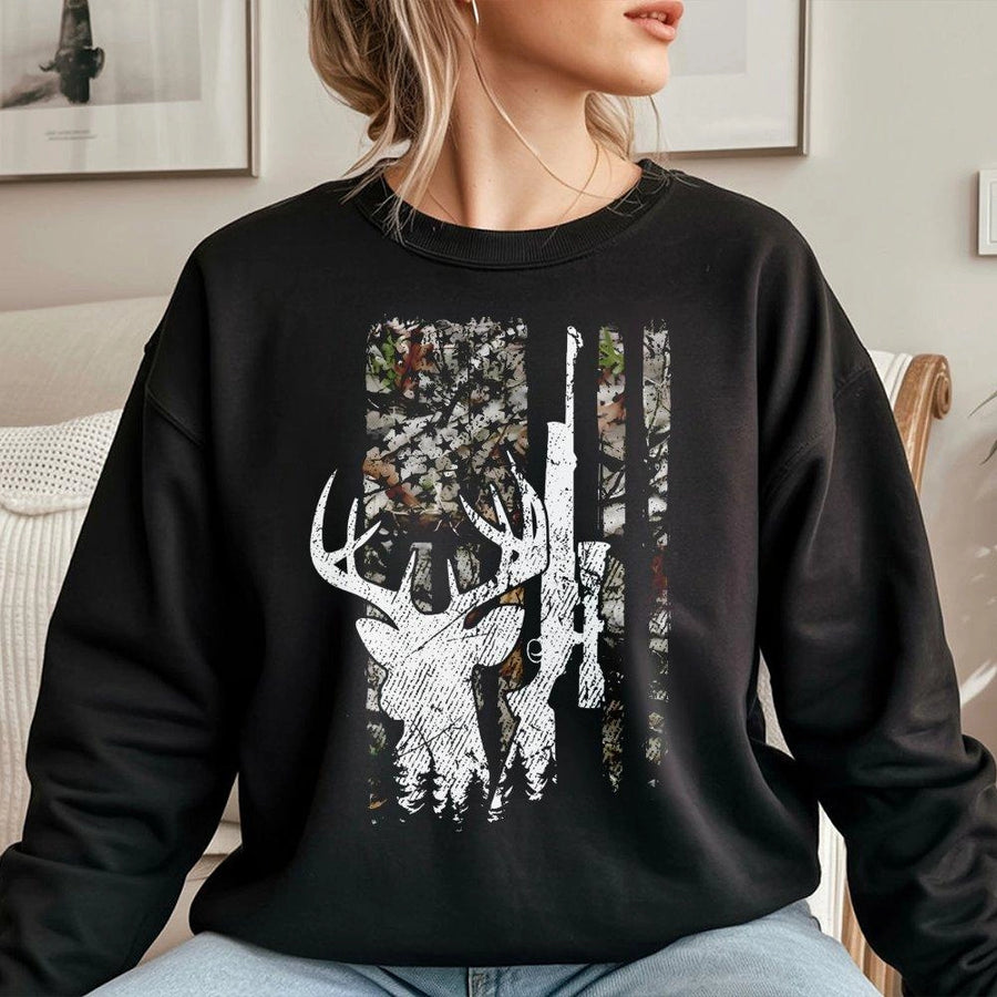 Deer Hunting American Flag Sweatshirt | Camo Buck Rifle Design | Premium Cotton Blend | Gift for Hunter and Outdoorsman