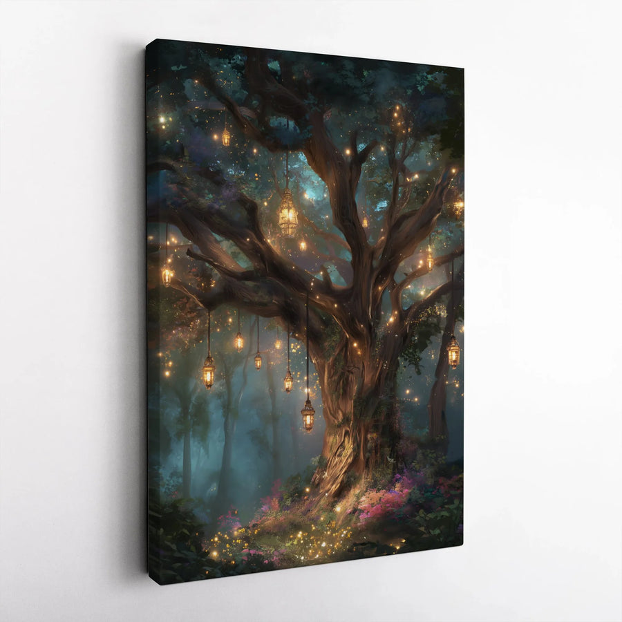 Enchanted Forest Canvas Wall Art | Whimsical Glowing Lanterns Design | Premium Fade-Resistant Gallery Wrap | Magical Nature Decor for Home