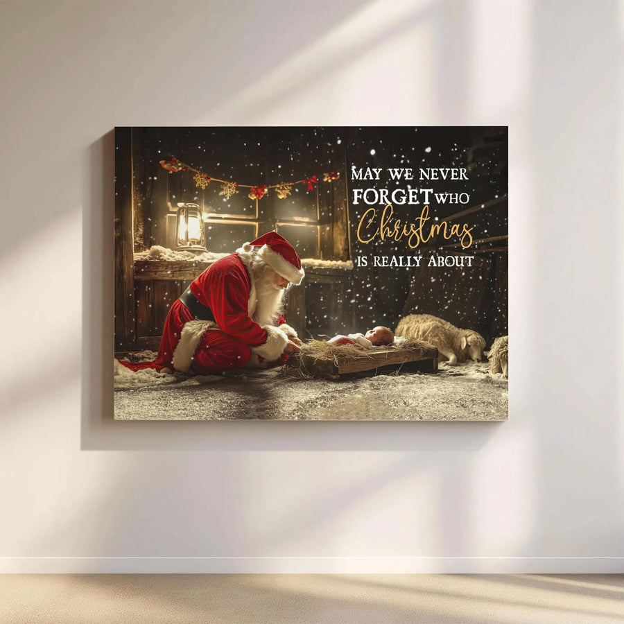 Santa Kneeling Before Baby Jesus Canvas | Religious Christmas Wall Art | Premium Fade-Resistant Print | Meaningful Holiday Home Decor Gift