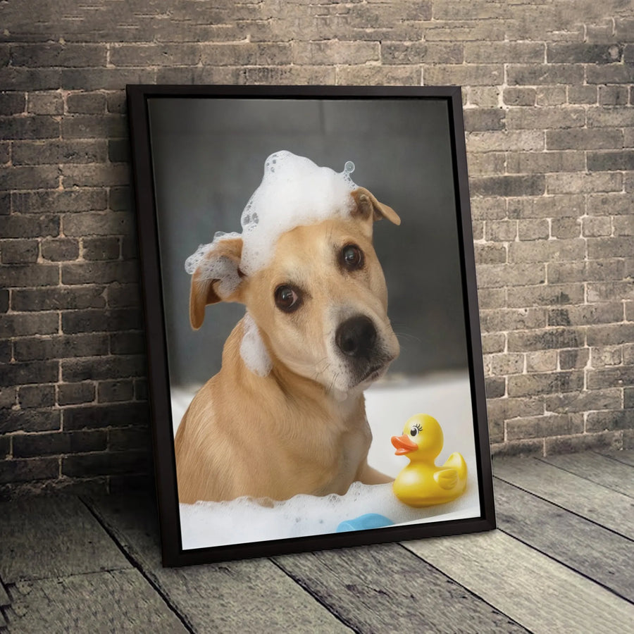 Dog In Bathtub Canvas Wall Art | Funny Puppy Bubble Mohawk Portrait | Premium Gallery Wrapped Print | Cute Bathroom Decor Gift For Dog Lovers