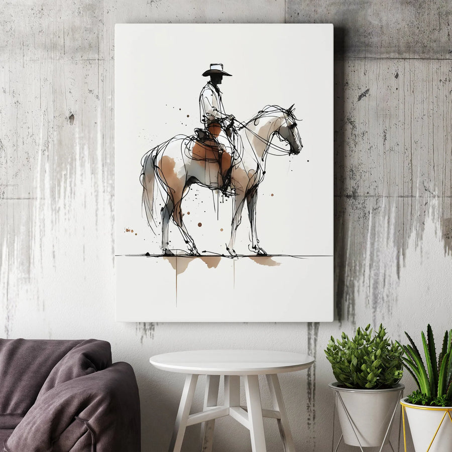 Minimalist Cowboy Canvas Print | Abstract Western Sketch Line Art | Premium Thick Gallery Wrap Canvas | Gift for Rancher, Modern Farmhouse Decor