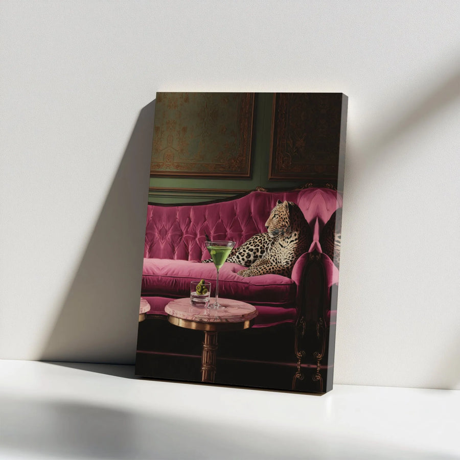 Leopard on Sofa Canvas Print | Moody Maximalist Bar Scene with Martini | Premium Thick Gallery Wrap Art | Unique Gift for Eclectic Home Decor