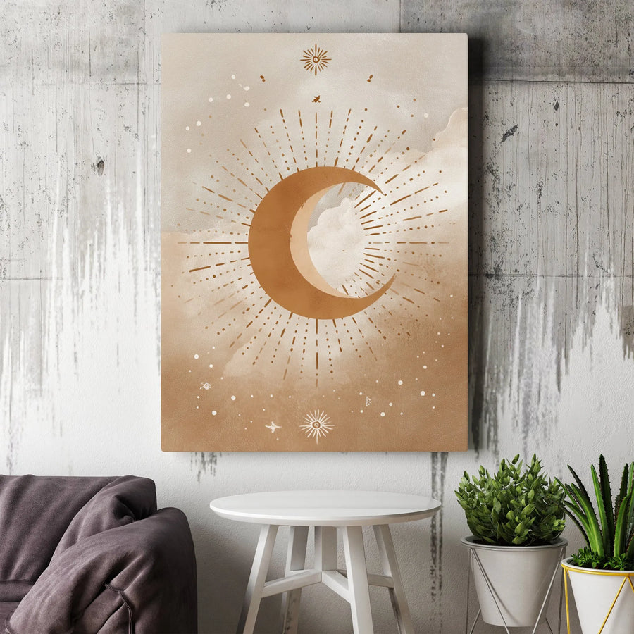 Boho Crescent Moon Canvas Wall Art | Mystical Celestial Print with Stars | Premium Frameless Canvas | Minimalist Bedroom Decor Gift for Her