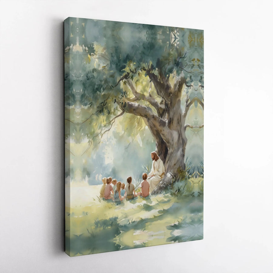 Jesus Teaching Children Canvas Wall Art | Watercolor Religious Portrait | 1.25 Inch Gallery Wrap | Christian Home Decor Gift