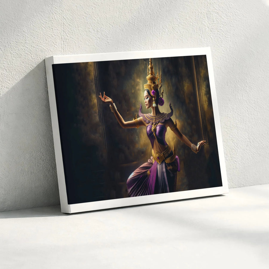 Cambodian Apsara Dancer Wall Art | Elegant Gold And Purple Traditional Portrait | Gallery Quality 1.25 Inch Thick Canvas | Cultural Home Decor Gift