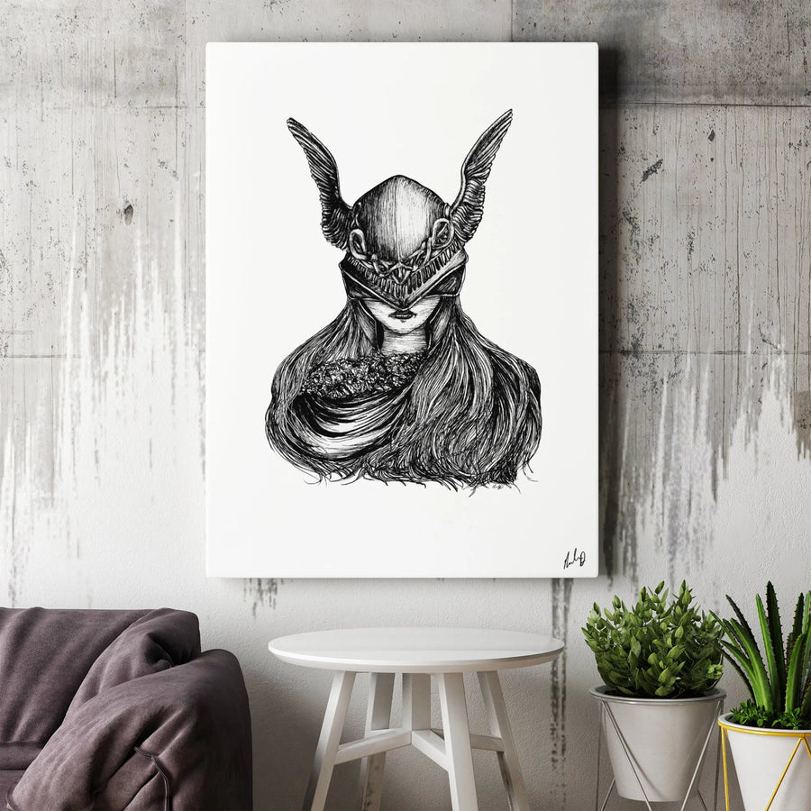 Valkyrie Canvas Print | Winged Helmet Warrior Ink Sketch | Premium Gallery Wrapped Wall Art | Mythology Gift for Home Decor