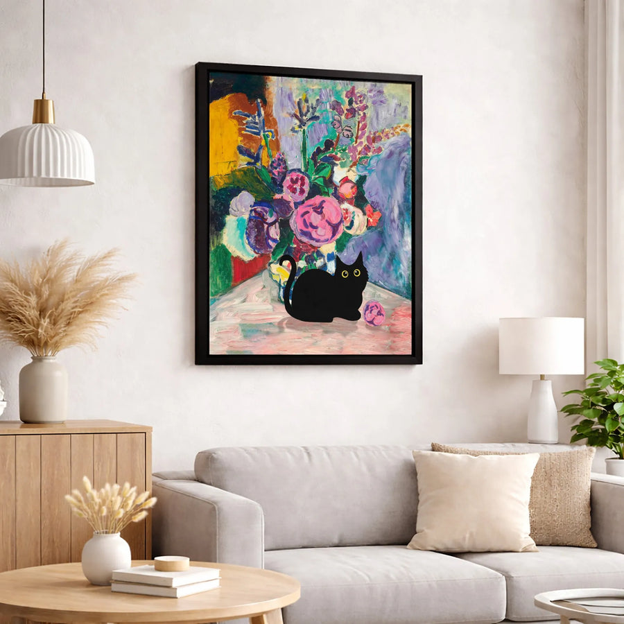 Black Cat Wall Art | Abstract Floral Bouquet Oil Painting Style | Premium Gallery Wrapped Canvas | Whimsical Gift For Cat Lovers