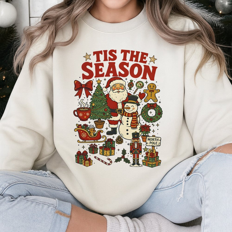 Tis The Season Christmas Sweatshirt | Vintage Santa & Snowman Graphic | Premium Cotton Blend | Holiday Gift for Women and Men